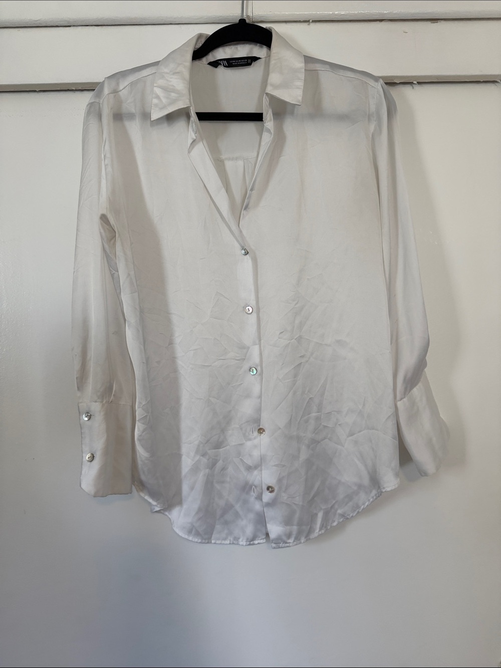 Zara White Satin Button-Down Blouse Medium